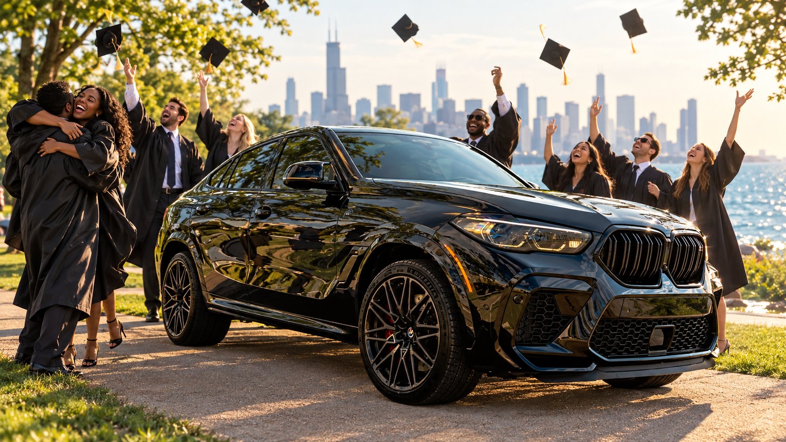 Graduates toss their caps beside a black BMW X6 M on the Chicago lakefront